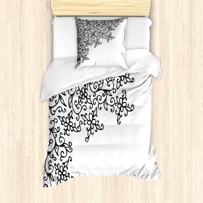 Produktbild von ABAKUHAUS Abstrakt Mantele, Blumenvignette Entwurf, Milbensicher Allergiker geeignet mit Kissenbezügen, 135 cm x 200 cm - 80 x 80 cm, Schwarz und weiß