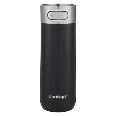 A black Contigo Autoseal thermobecher with a silver lid.