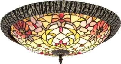 A Tiffany-style flush mount ceiling light with a floral stained glass shade and a textured bronze-colored rim.