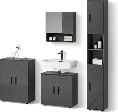 Immagine prodotto di Set mobili bagno Livinity Ronco Antracite lucido 4 parti, con armadio alto e cassettiera, Model 52624