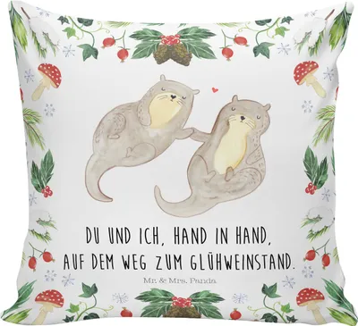 Produktbild von Mr. & Mrs. Panda kissen bedruckt Otter Glühweinstand - Weiß - Geschenk, Dekokissen, Weihnachten, kuschelkissen 40x40, für sofa, Sofakissen