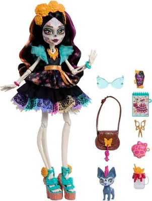 Produktbild von Monster High Skelita Puppe, Fête des Morts Kleid, 7 Zubehörteile Inklusive, JHK34