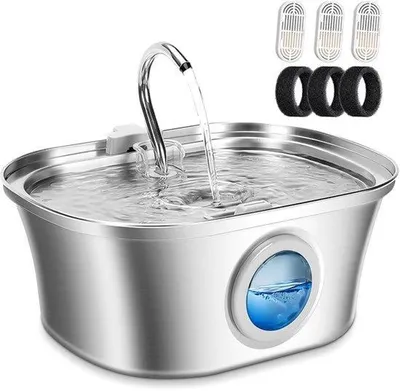 Produktbild von Katzen-Trinkbrunnen, 3,2L Edelstahl-Wasserbrunnen für Haustiere, automatischer Wasserbrunnen für Katzen und 3 Aktivkohlefilter, sehr leise, leicht zu reinigen, Wasserstandsfenster