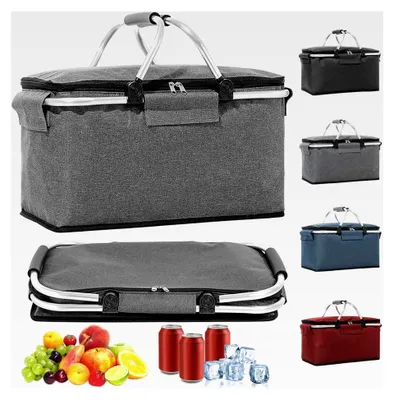 Produktbild von 18L Faltbarer Einkaufskorb mit Kühlfunktion und Deckel, Tragbarer Isolierter Korb für Reisen, Picknick und Einkaufen