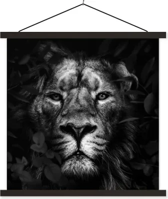 Produktbild von MuchoWow® Textilposter Pflanzen - Löwe - Dschungel - Schwarz - Weiß 120x120 cm mit schwarzem Rahmen - Aufhängungsset