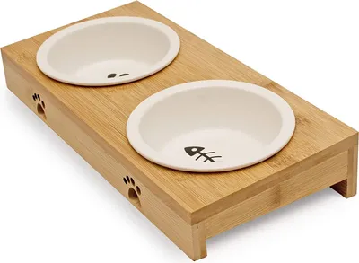 Produktbild von Premium Futterstation für Katzen - 2 Näpfe für Deine Katze - Napf Set aus Keramik in weiß groß für Wasser und Futter- Erhöhter Futternapf als Katzennapf - Futterbar hoch