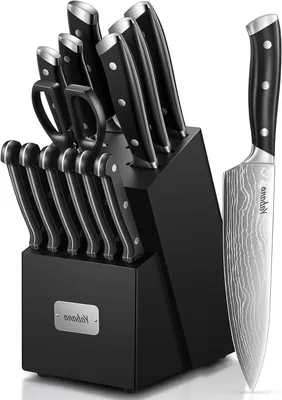 Produktbild von Kochmesser-Set - Messerset - Küchenutensilien - Integrierter Messerschärfer - 14-teilig - Schwarz