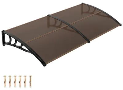 Image de Abri de porte d'entrée COSTWAY, 197 x 89 cm, auvent de porte en aluminium et polycarbonate, auvent incurvé transparent, auvent plat, auvent pour porte d'entrée, couleur marron