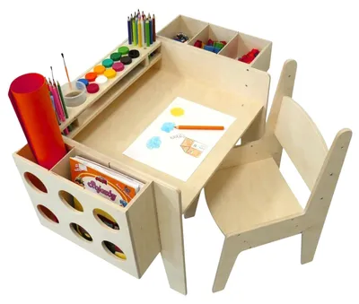 Produktbild von Kinder-Holzschreibtisch GINGER HOME mit höhenverstellbarer Tischplatte, Stuhl und Organizer, Montessori-Maltisch, Lernset für Kinder, Naturholz, 77 × 50 × 52 cm