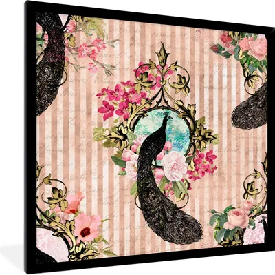 Produktbild von MuchoWow® Gerahmtes Poster Pfau - Rosa - Blumen 40x40 cm - Poster mit Schwarzem Bilderrahmen Wandposter Rahmen Foto Bilder - Mit Rahmen - Wanddekoration Schlafzimmer