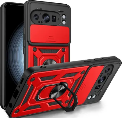 A red and black phone case with a ring stand is shown from multiple angles.