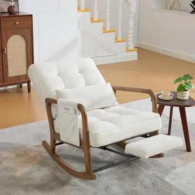 Produktbild von Loungesessel mit Fußstütze,Cord-Sessel mit Seitentaschen, ergonomischer Freizeitstuhl mit Lendenkissen & verstellbarer Lehne ,für Wohnzimmer, Beige