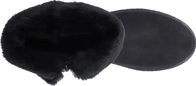 A black fur-lined bootie and its sole are shown against a white background.