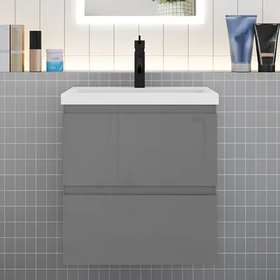 Produktbild von Badmöbel Set HUTI-Serie 50cm Keramik Waschbecken mit Unterschrank Badezimmermöbel mit 2 Schubladen Hochglanz Dunkelgrau Hängeschrank
