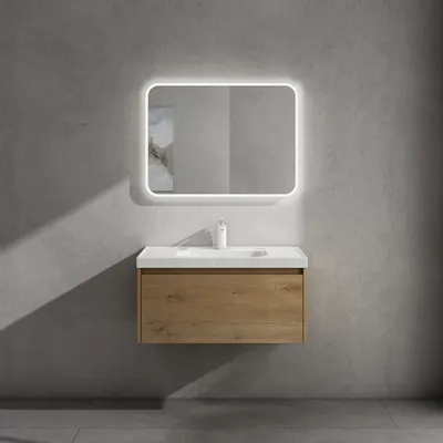 Produktbild von doporro Badmöbelset Waschbecken-Unterschrank mit Soft-close in Kerneiche für Badezimmer 80x50X40cm inkl. Mineralguss-Waschbecken und LED-Spiegel Salerno