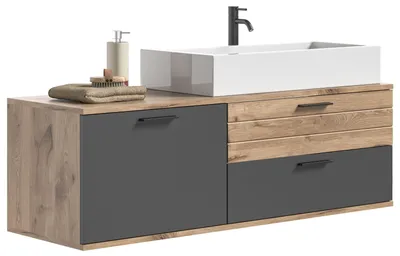 Image de Mason meuble sous lavabo 140cm 1 porte, 2 tiroirs gris,chêneReproduction.