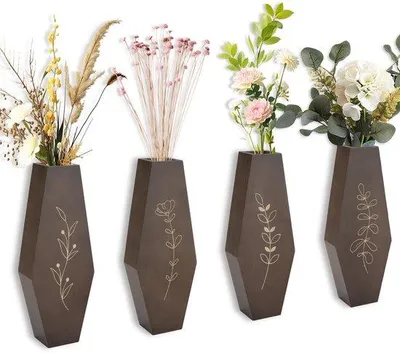 Produktbild von Unyqoos® 4er-Set sechseckige Holz-Wandvasen aus Kiezenholz – gravierte Muster, mit Aufhängehaken für Zimmerpflanzen & Trockenblumen