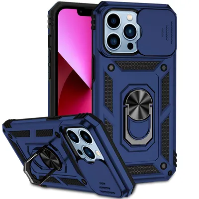 Obrázek produktu pro Pouzdro pro iPhone 14 Pro dvouvrstvé pouzdro s posuvným krytem kamery a prstencovým stojánkem modré