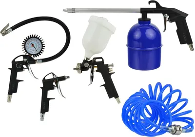 Immagine prodotto di Kit-set accessori per compressore, inclusi gonfiagomme con manometro, pistola di soffiaggio, a spruzzo per vernice, tubo a spirale, 5 pezzi Geko
