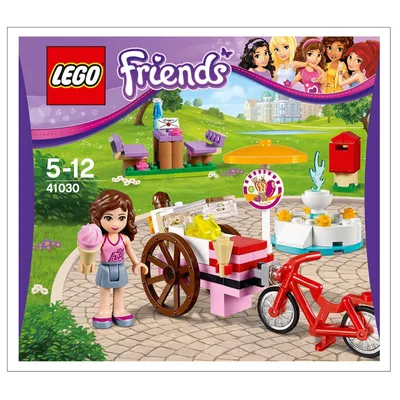 A LEGO Friends playset box art featuring a girl with an ice cream cart and bicycle in a park setting.