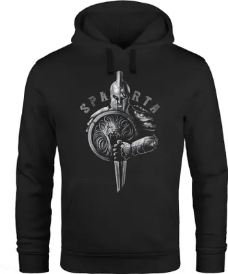 Produktbild von Hoodie Herren Aufdruck Sparta Spartaner-helm Krieger Warrior Schwert Schild Löwe Kapuzen-Pullover Männer Fashion Streetstyle Neverless® schwarz L