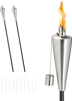 Produktbild von Relaxdays Gartenfackeln 3er Set, Edelstahl, Ölfackeln für draußen, variable Höhe, Ersatzdochte, Löscher, silber/schwarz