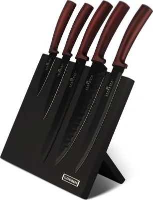 Produktbild von Wunderschönes klassisches Messerset Burgund Farbe, Magnetblock, Kochmesser, Brotmesser, Universalmesser, Gemüsemesser, Messerhalter