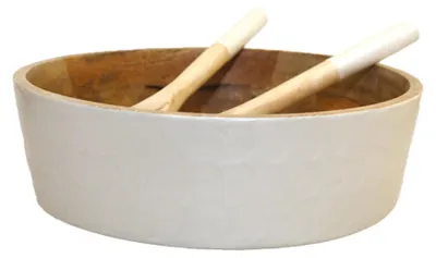Produktbild von Salatschüssel und Salatbesteck in Weiß und Mangoholz