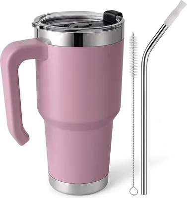 Produktbild von Isolierter Kaffeebecher mit Strohhalm-Griff, Reisebecher mit auslaufsicherem Deckel, Edelstahlbecher mit Bürsten, Thermoskaffee für heiße oder gekühlte Getränke, alles BPA-frei