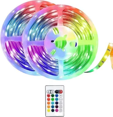 Zdjęcie produktu dla Taśma LED z pilotem – RGB z regulacją jasności i zmianą kolorów – samoprzylepna, z obsługą Bluetooth – do salonu, kuchni, na sufit, do gier, na imprezy – 15 metrów