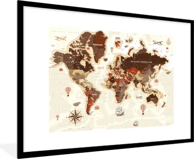 Produktbild von MuchoWow® Gerahmtes Poster Weltkarte - Vintage - Kompass 90x60 cm - Poster mit Schwarzem Bilderrahmen Wandposter Rahmen Foto Bilder - Wanddekoration - Fotos