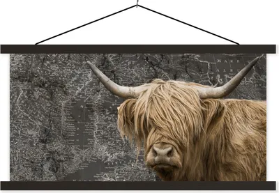 Produktbild von MuchoWow® Textilposter Schottisches Hochlandrind - Weltkarte - Tiere 120x60 cm mit schwarzem Rahmen - Dekoration Schlafzimmer