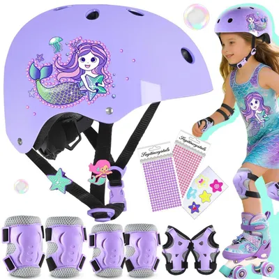 Immagine prodotto di Casco da bicicletta e set di protezioni per bambini, motivo "Sirena", colore viola, taglia M (6-12 anni)