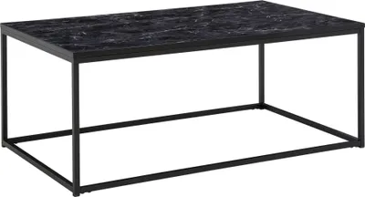 A rectangular coffee table with a black marble-look top and a black metal frame, shown from a diagonal angle against a white background.