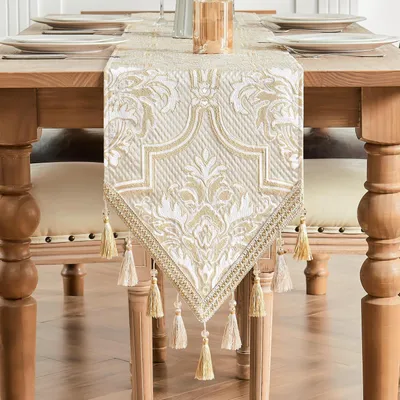 Immagine prodotto di Runner da tavolo con frange, tessuto jacquard, 33x228 cm, bianco e giallo