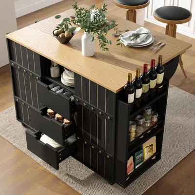 Produktbild von Küchenwagen mit klappbarer Arbeitsplatte, Schubladen, Schiebetüren, Rollen, 110x42x90 cm, Schwarz
