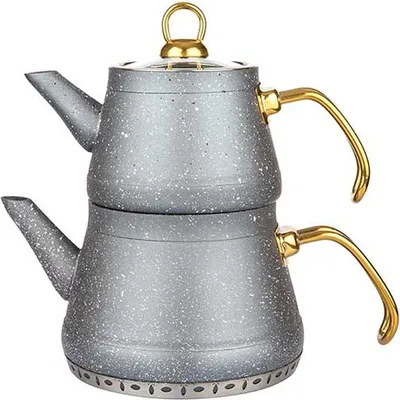 Produktbild von Teekanne Caydanlik Teekessel und Wasserkessel Außenbeschichtung in Granitoptik Silber mit Goldgriff