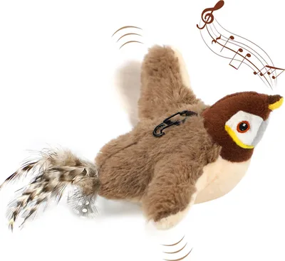 A plush toy bird with wings spread, appearing to be in flight, with musical notes and sound waves depicted around it.