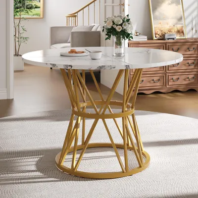 Produktbild von Sweiko Runder Esstisch (100×100×76cm), Küchen-Esstisch, runder Couchtisch für 4 Personen, geeignet für Esszimmer, Wohnzimmer, stilvolle Tischbeine aus Metall, Tischplatte aus MDF-Marmor, Gold