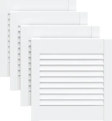 Four white cabinet doors with louvered designs are stacked diagonally on a white background.