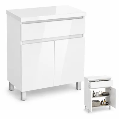 Produktbild von Waschbeckenunterschrank Badmöbelset Hochglanz MDF Arbeitsplatte Gäste WC Ariza 60 Schublade Einlegeböden Türen Toilette Kommode Sink Weiß Badmöbel, KI-generiertes Bild