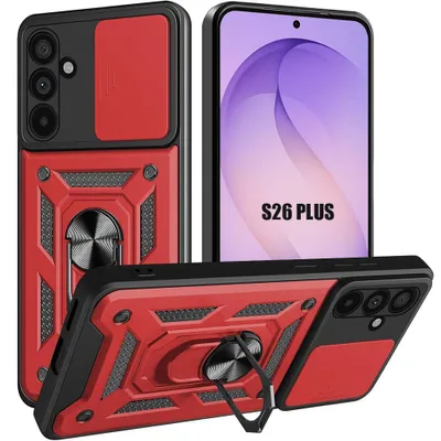 Image de Coque pour Samsung Galaxy S26 Plus, Résistante avec Anneau et Cache Caméra Coulissant - Rouge