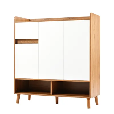 Produktbild von Flieks Schuhschrank Kommode mit 1 Schublade und 3 Türen, Schuhkommode ohne Griffen 90x35x99 cm, weiß + naturbelassen