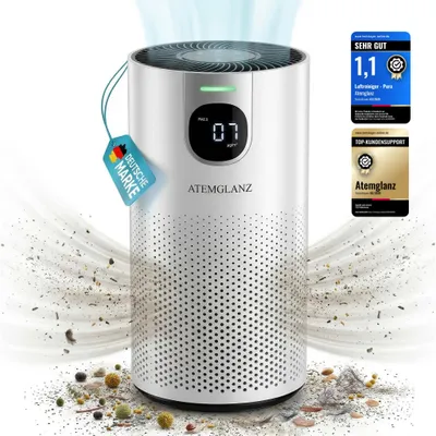 Produktbild von Atemglanz Allergiker Pura Luftreiniger {Auto, PM2.5} HEPA + Aktivkohle gegen Pollen, Staub, Gerüche, 18 dB, bis 80 m², 250 m³/h