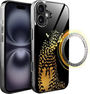 Produktbild von iPhone 16 Plus IBIZU Elite Glass Case mit MagSafe, Glasrückseite, Golden Midnight, Leopard, Schwarz