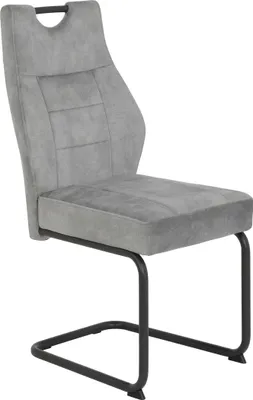 A single gray dining chair with a black metal frame is shown against a white background.