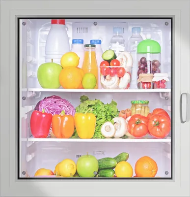 Produktbild von Wallario Lichtschutzbild, Dekorativer Sichtschutz Sonnenschutz 96 x 93 cm mit Motiv: Offener gefüllter Kühlschrank - Verdunklung ohne Bohren