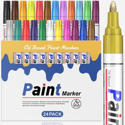 Zdjęcie produktu dla Zestaw permanentnych markerów, 24 kolory, wodoodporne, do malowania na szkle, kamieniach, ceramice, drewnie i metalu