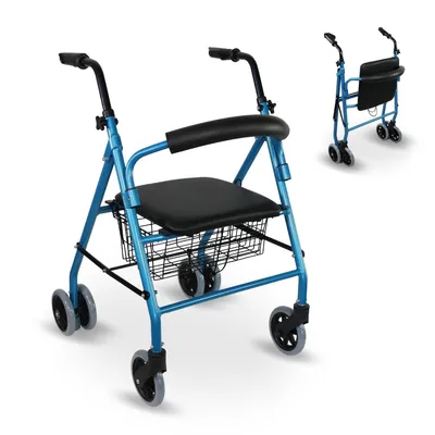 Image de Mobiclinic, Déambulateur, Prado, Déambulateur pliable et léger, freins à pression, Aide à la marche, En aluminium, Avec siège rembourré, Avec panier, 4 roues, Bleu