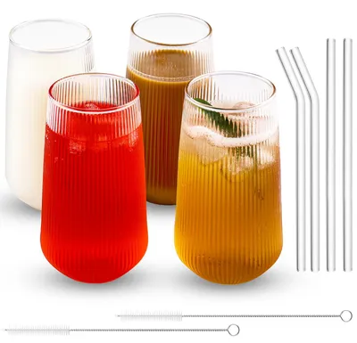 Trinkgläser mit Strohhalm, 4er-Set, 500 ml, Borosilikatglas, transparent